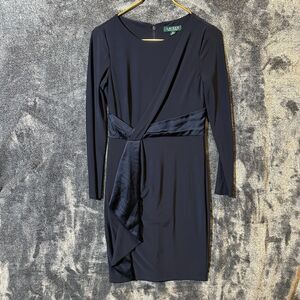 Lauren Ralph Lauren Dress Size 2P Satin Trimmed Navy Longsleeve Sheath Wrap Sash